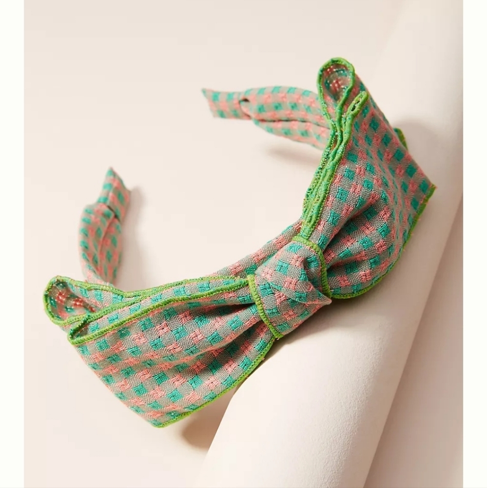 Anthropologie Sienna Bow Gingham Headband- green/pink - Picture 1 of 7
